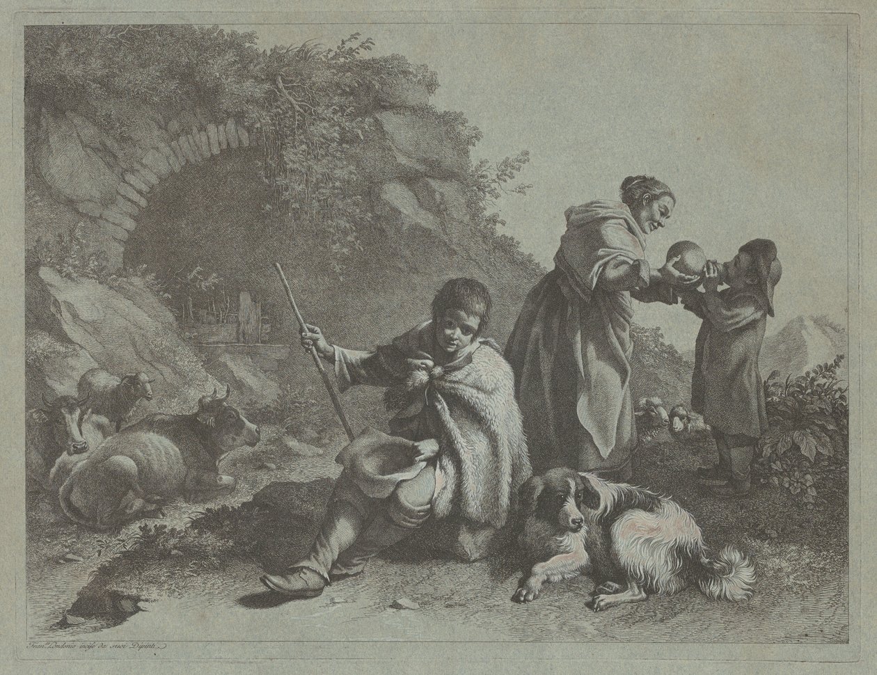 Siddende hyrde dreng og kvinde giver en drink til et barn, 17591782. af Francesco Londonio