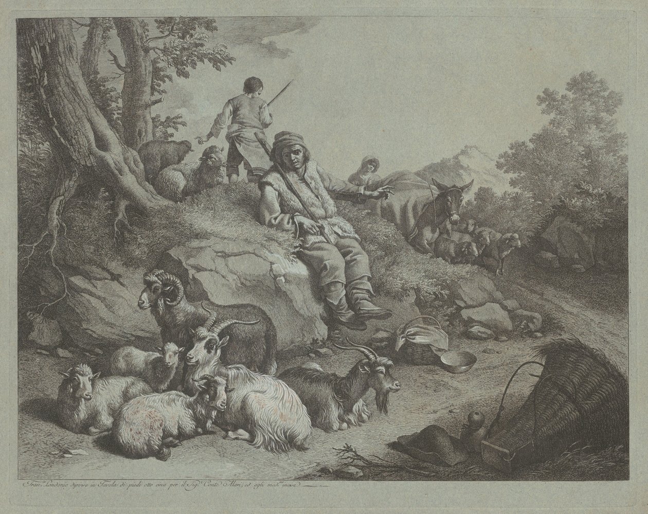 Siddende hyrde foran en flok geder, efter 1766. af Francesco Londonio