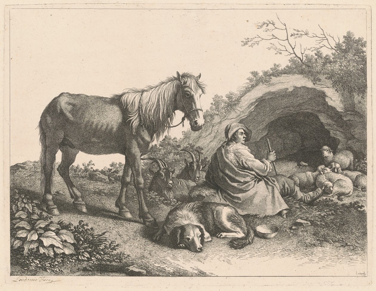Siddende hyrde med hest, hund, geder og får af Francesco Londonio
