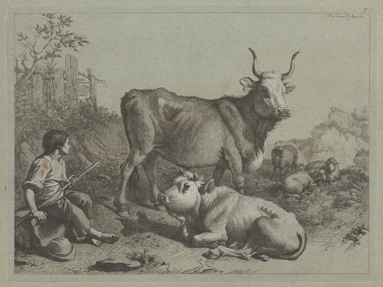 Siddende hyrde med en tyr og okse, 1763. af Francesco Londonio