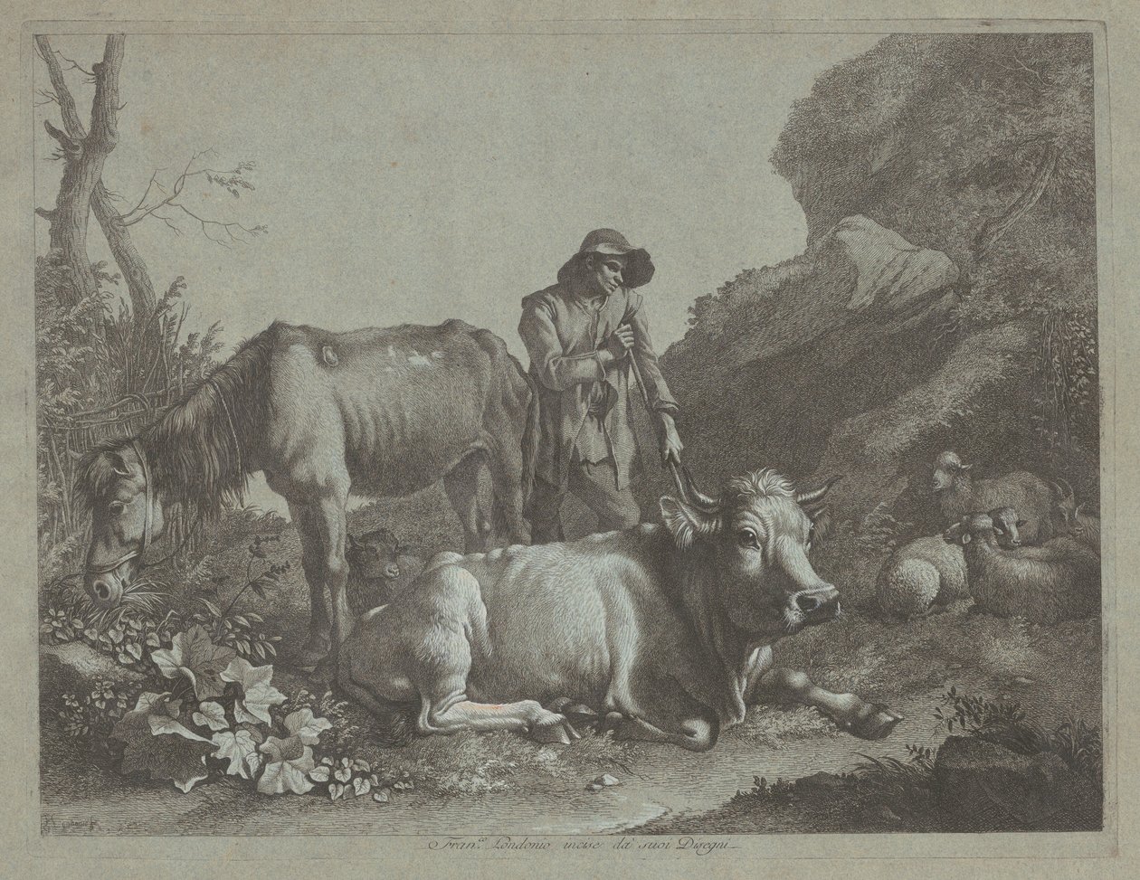 Hyrde hviler på en vandrestav med en gammel hest og en liggende tyr af Francesco Londonio