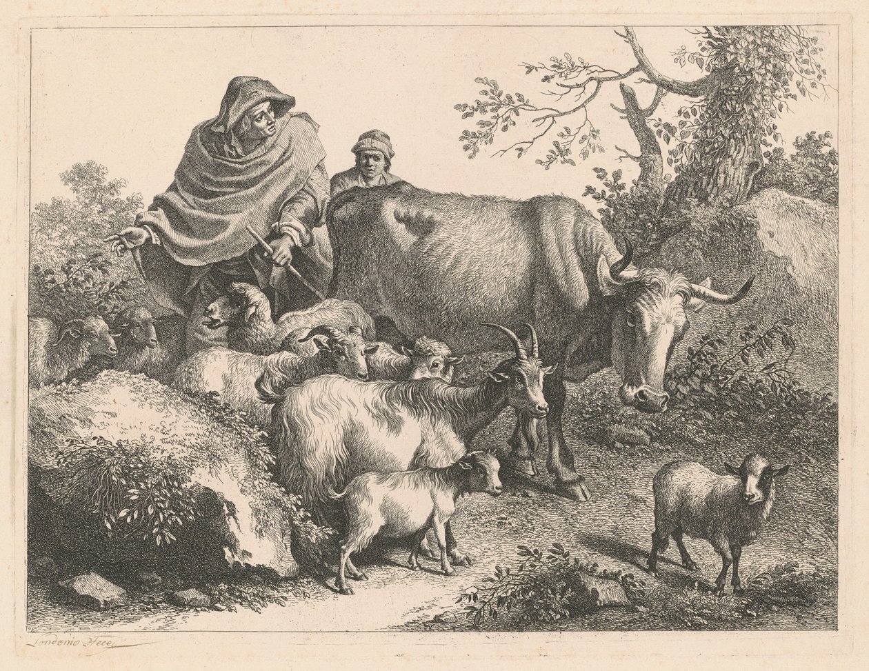 Hyrde iført en kappe, der driver en flok, efter 1776. af Francesco Londonio