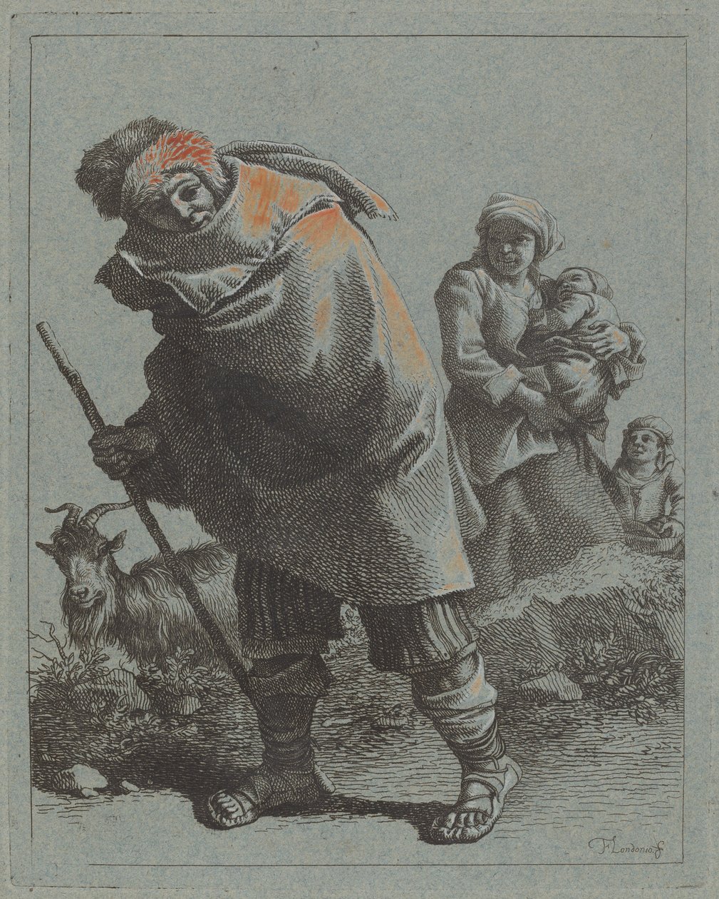Hyrde med spadserestok og en bondekone med barn, 17581759. af Francesco Londonio