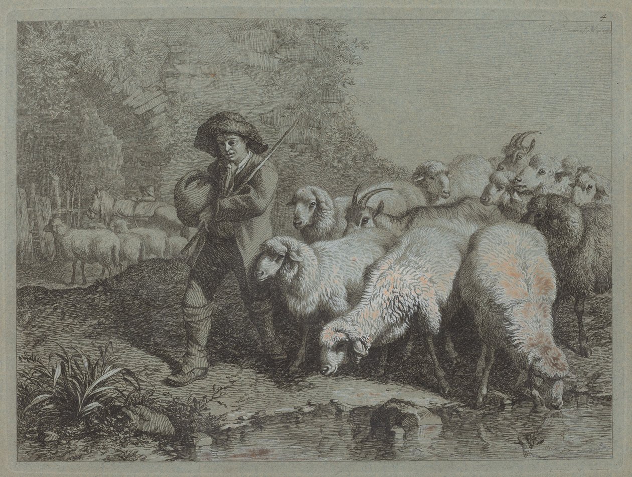 Hyrde med en sæk driver en flok, 1763. af Francesco Londonio