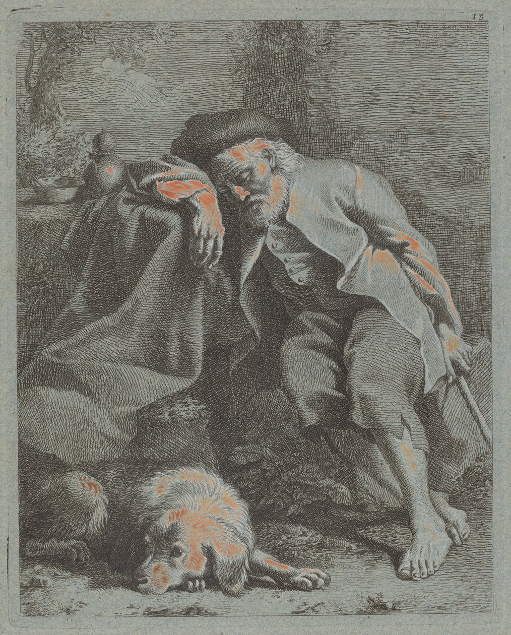 Sovende gammel mand med hund af Francesco Londonio