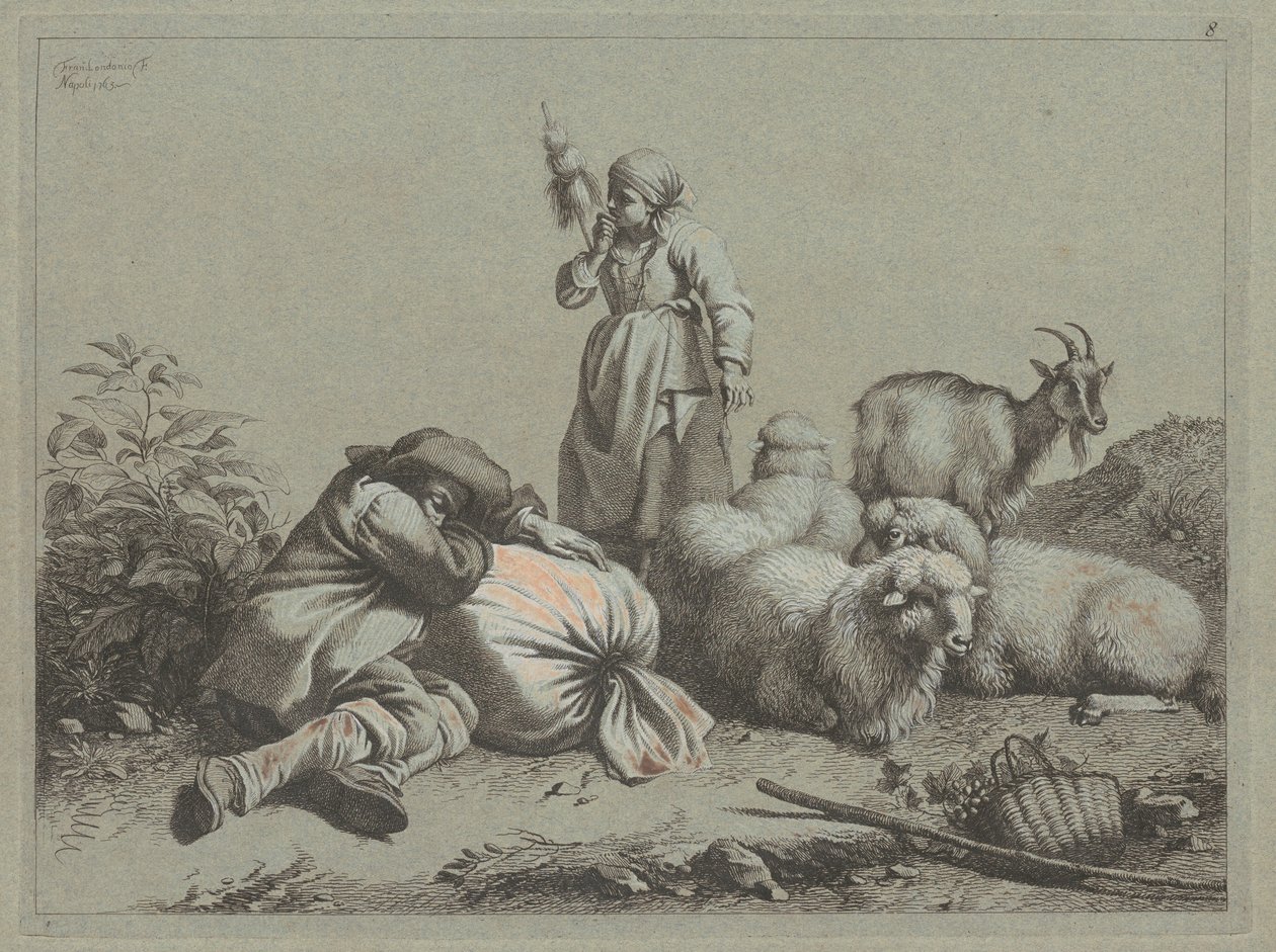 Sovende bonde og stående spinder, 1763. af Francesco Londonio