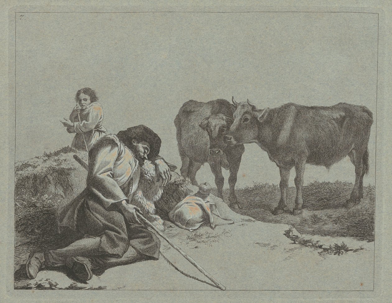 Sovende hyrde, to kalve og en bondekone, 17621763. af Francesco Londonio