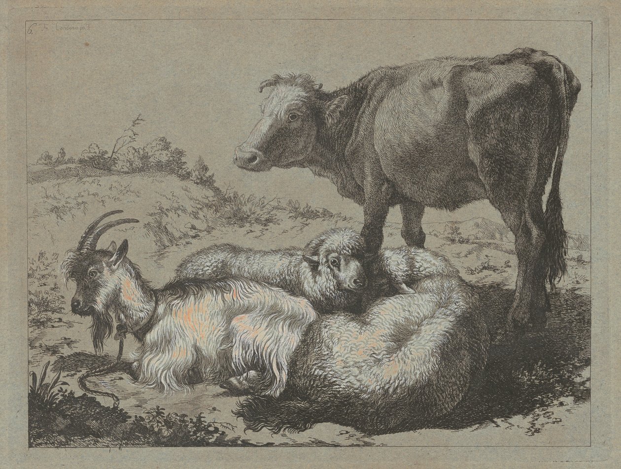 Stående okse, to får og en ged, ca. 1762. af Francesco Londonio