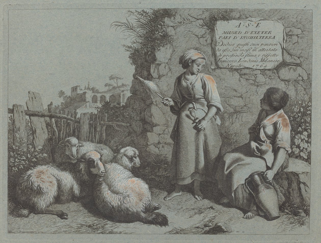 To piger i samtale: Den ene står og snurrer, 1764. af Francesco Londonio