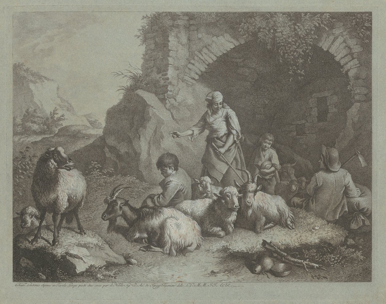 Kvinde, hyrdedrenge og får nær en bue, 17591782. af Francesco Londonio