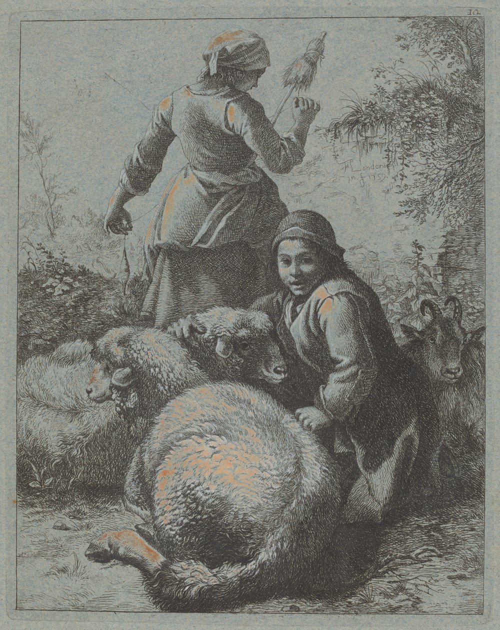 Kvindespinder og en hyrde med flok af Francesco Londonio