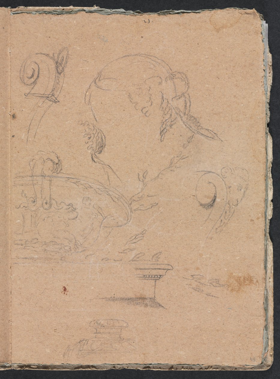 Verona Skitsebog: Arkitektoniske motiver med kvindehoved side 45, 1760. af Francesco Lorenzi