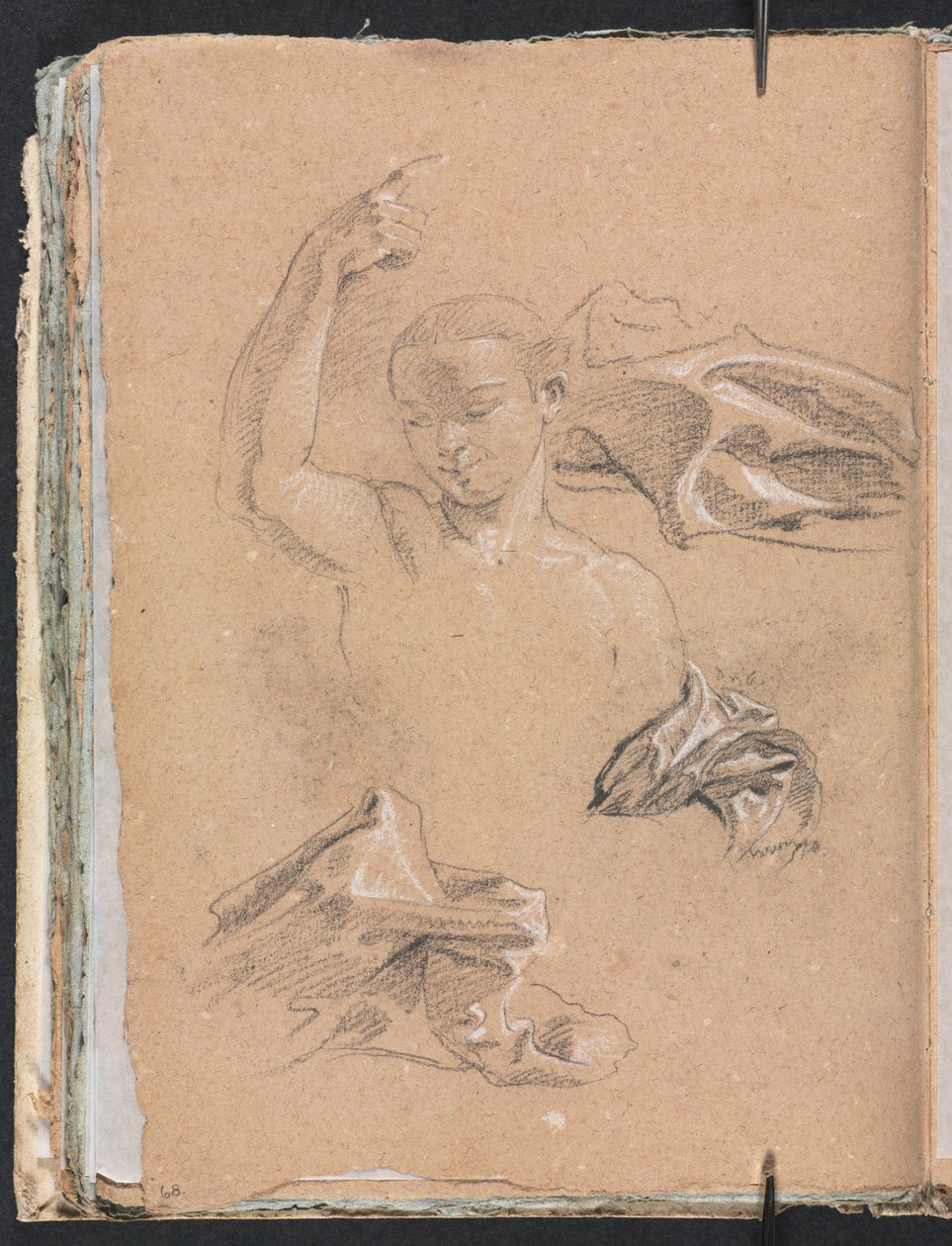 Verona Skitsebog: Figur med oprejst højre arm og draperistudier side 68, 1760. af Francesco Lorenzi