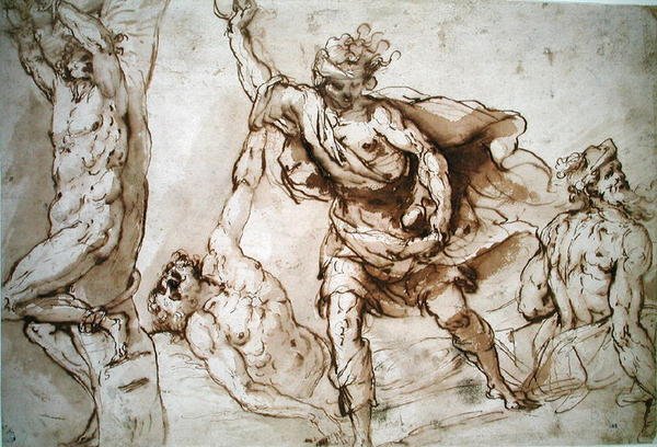 Studier til St. Sebastians martyrium og steningen af Skt. Stefan (w.c på papir) af Francesco Maffei