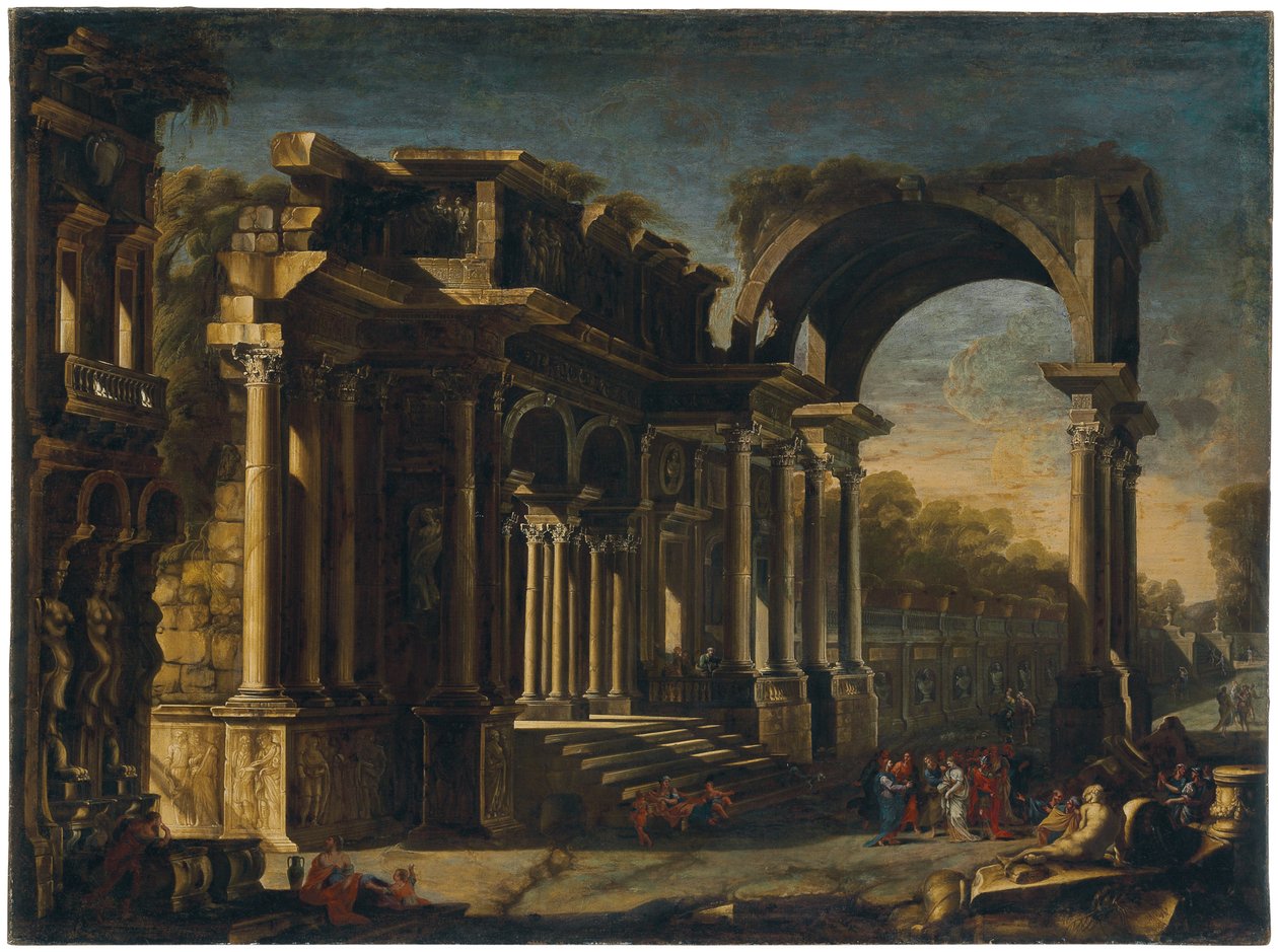 Capriccio med romerske ruiner og Kristus med kvinden taget i utroskab af Francesco Maglioli