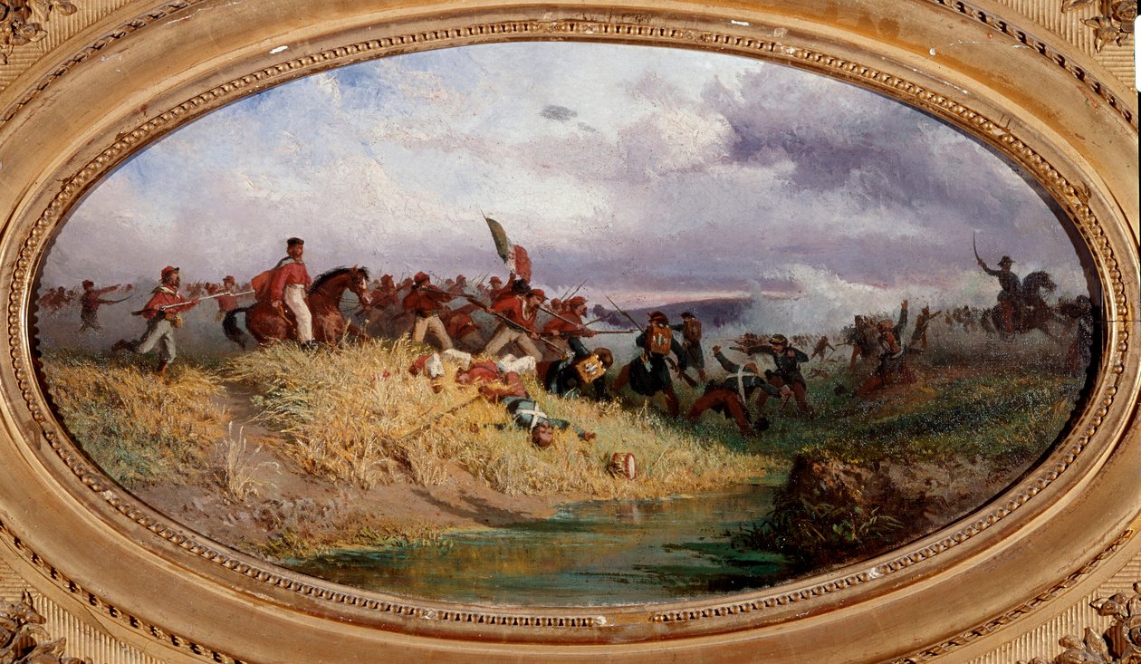 Risorgimento: "" Den italienske patriot Giuseppe Garibaldi passerer Volturno-floden"" Scene fra slaget ved Volturno under ekspeditionen af de tusinde (eller røde skjorter) i oktober 1860. Maleri af Francesco Mancini (1830-1905) Napoli, Museo Nazionale di af Francesco Mancini
