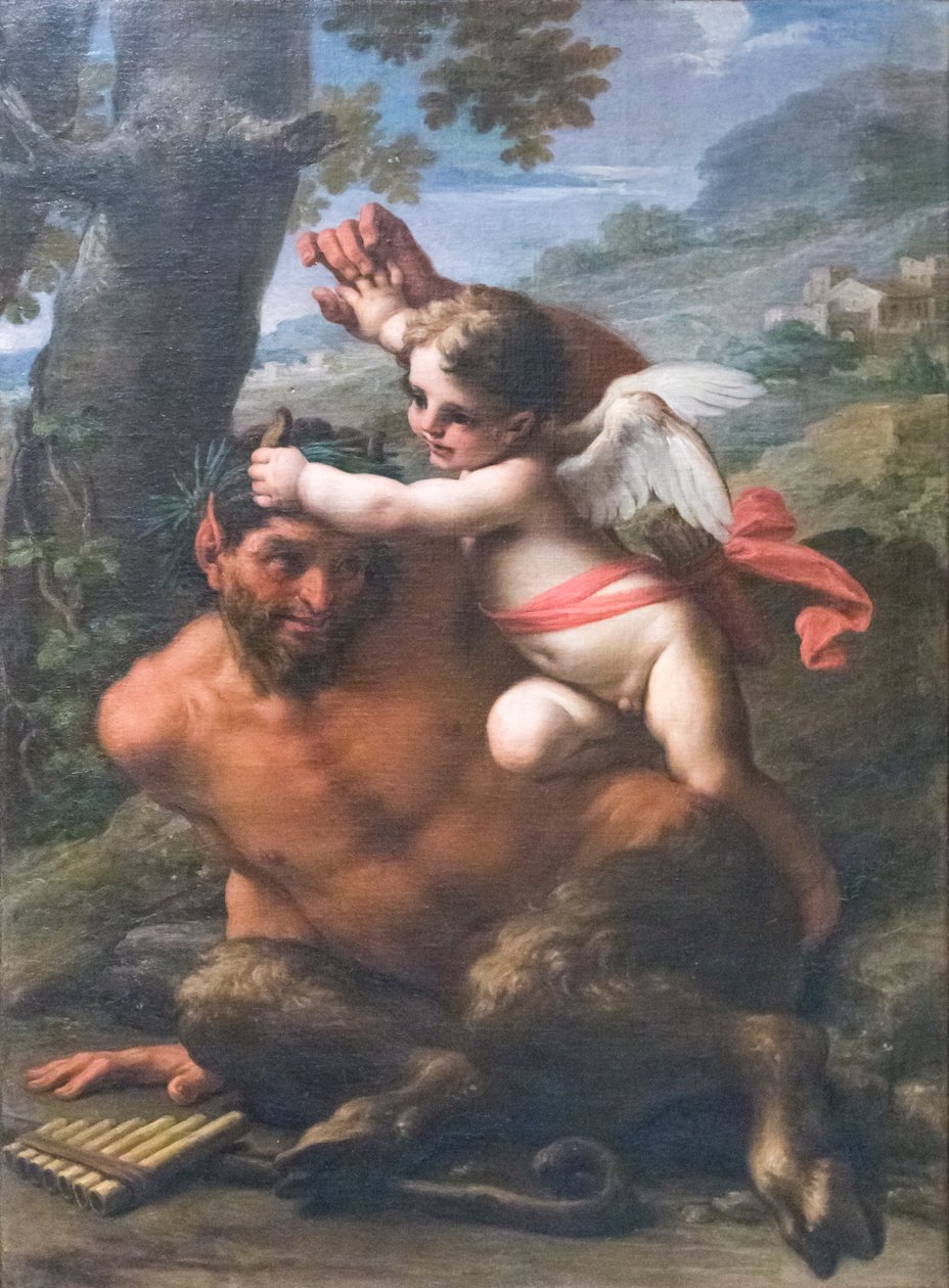 Kampen mellem Amor og Pan (olie på lærred) af Francesco Mancini