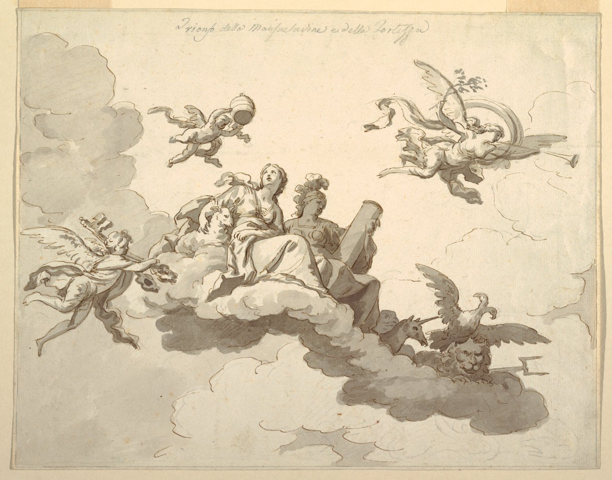 Tegning, Design til et malet loft: Sagtmodighedens og styrkens triumf, ca. 1780 af Francesco Manno