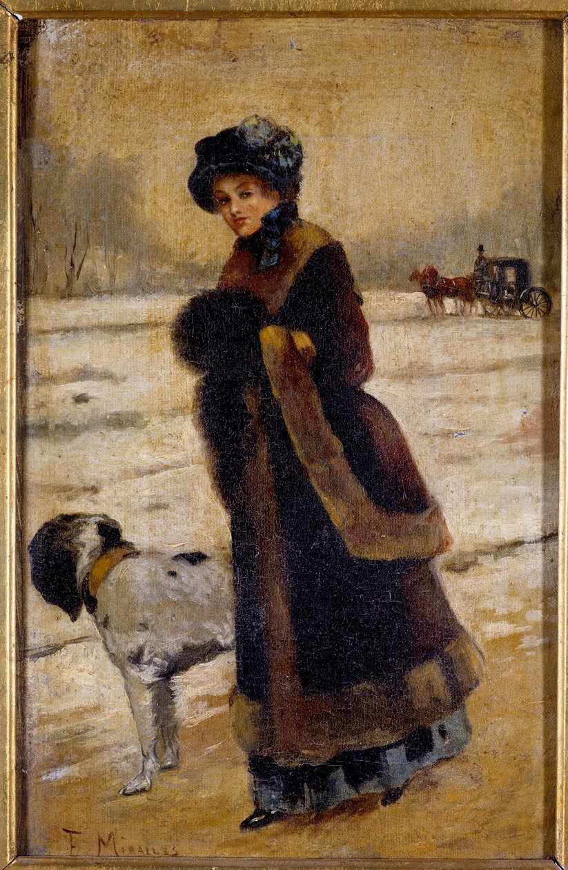 Ung kvinde med hund Ung borgerlig iført pels og ærme. Maleri af Francisco Miralles Galup (1848-1901) 1800-tallets privatsamling af Francesco Miralles Galaup