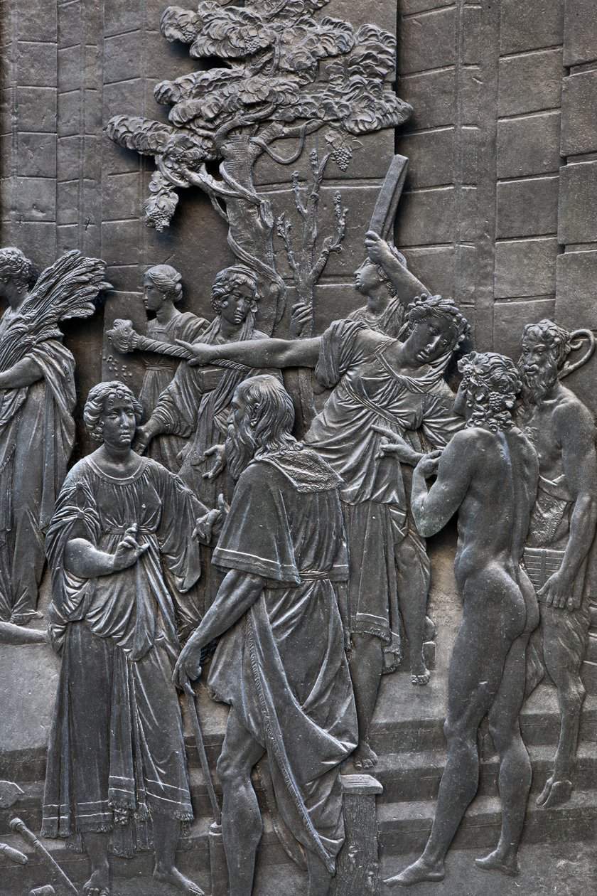 Base, der repræsenterer Alessandro Farnese, der modtager ambassadørerne for dronning Elisabeth af England, detalje af statuen af Alessandro Farnese af Francesco Mochi
