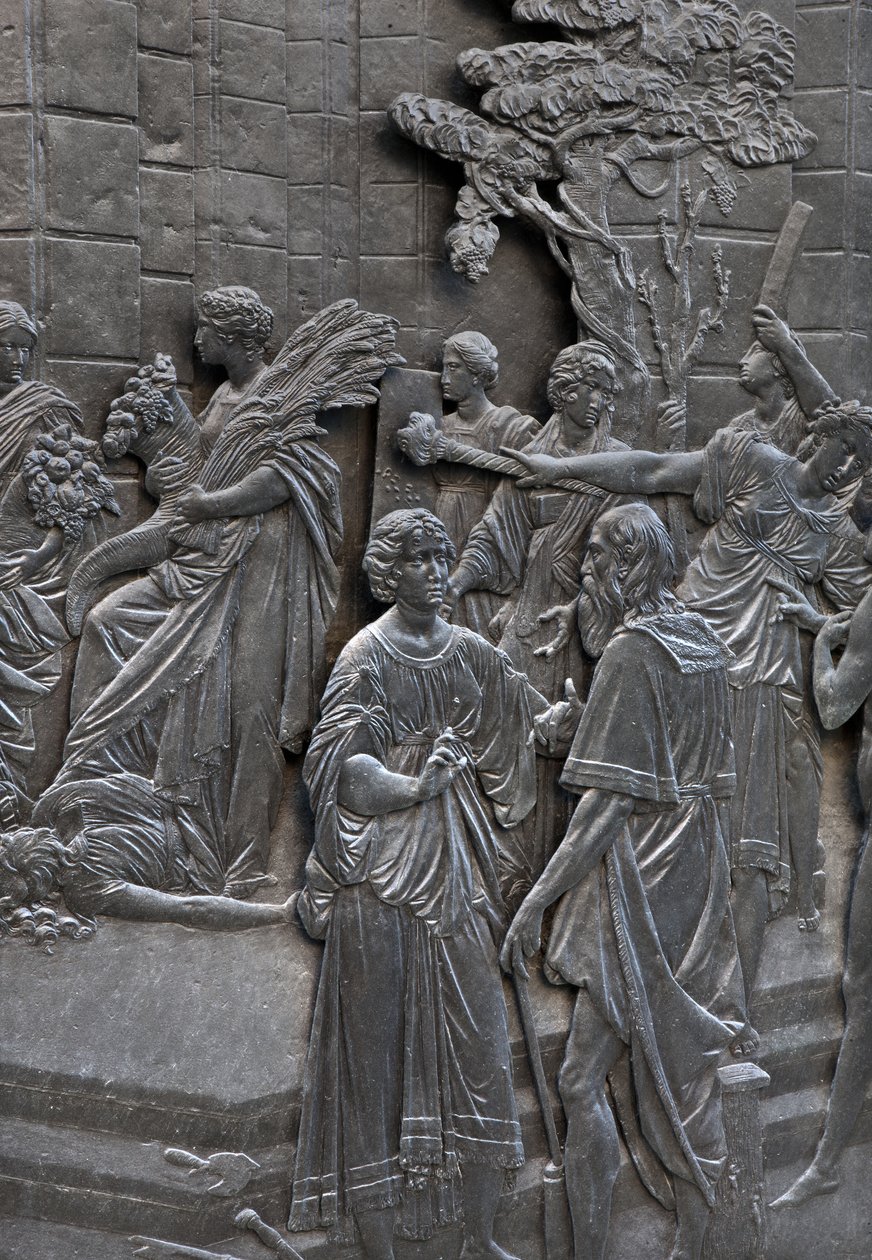 Base, der repræsenterer Alessandro Farnese, der modtager ambassadørerne for dronning Elisabeth af England, detalje af statuen af Alessandro Farnese af Francesco Mochi