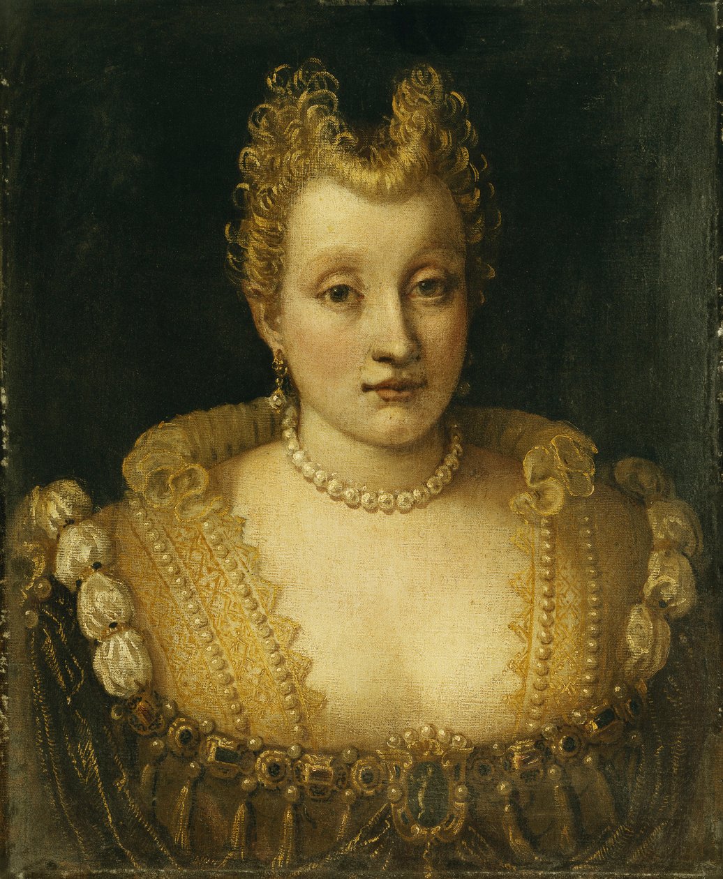 Portræt af en dame, der siges at være af Contarini-familien, brystlængde, iført en udsøgt kjole med juveler og en perlehalskæde og øreringe, af Francesco Montemezzano
