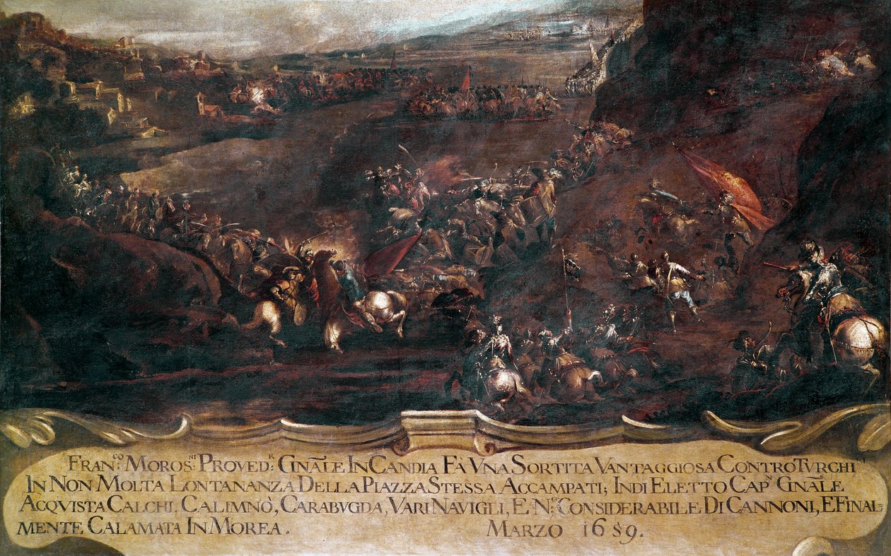 War of Candia (Kreta):: "" kamp mellem den venetianske flåde af Francesco Morosini (1619-1694) og den tyrkiske flåde i 1659" (Kretensiske krig (1645-69): kampen mellem den venetianske og tyrkiske flåde i 1659) Maleri af Francesco Monti dit il Brescianino d af Francesco Monti