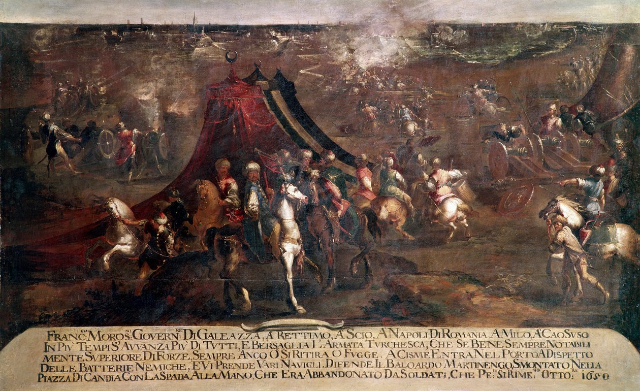 War of Candia (Kreta): "" kamp mellem den venetianske flåde af Francesco Morosini (1619-1694) og den tyrkiske flåde, der flygtede i 1650"" (Kretensiske krig (1645-69): slaget mellem den venetianske og tyrkiske flåde i 1650) Maleri af Francesco Monti dit il af Francesco Monti