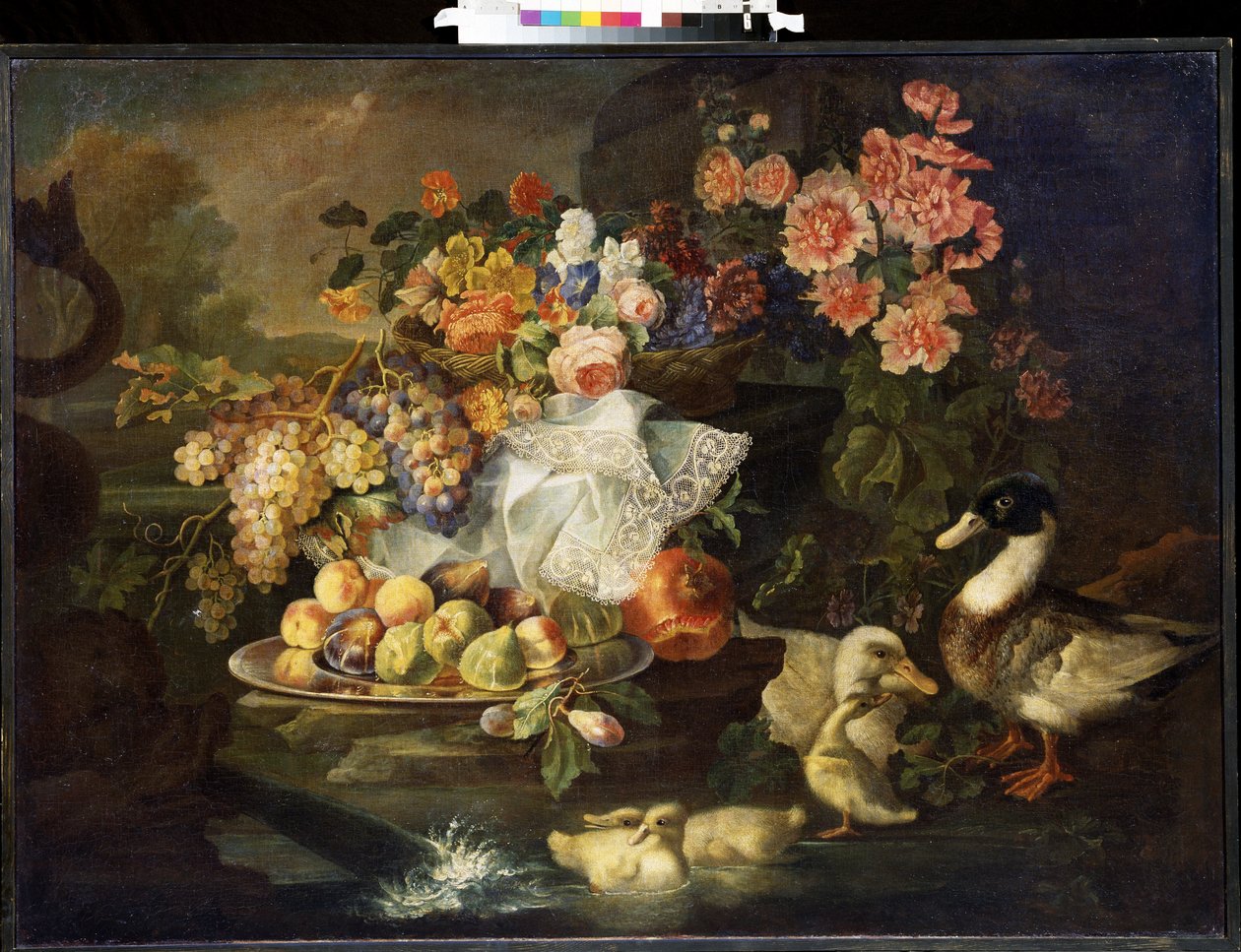 Stilleben med blomster og en and. Stilleben med frugter og ænder. Maleri af Francesco Morosini (midten af ​​det 18. århundrede). Olie på lærred. Italiensk kunst, barokstil. Mikhail Kroshitsky kunstmuseum, Sevastopol (Sevastopol) Ukraine af Francesco Morosini