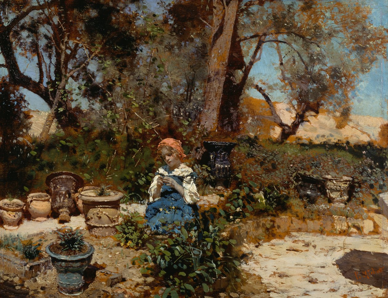 Tyttö puutarhassa, Francesco Paolo Michetti (1851-1929), öljy paneelille, 27x36 cm af Francesco Paolo Michetti