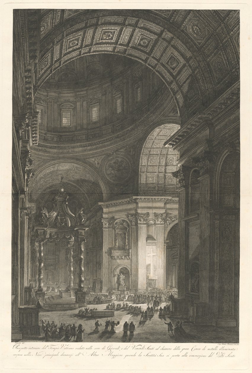 Interiør af Peterskirken, med belysning af Peters kors af Francesco Piranesi
