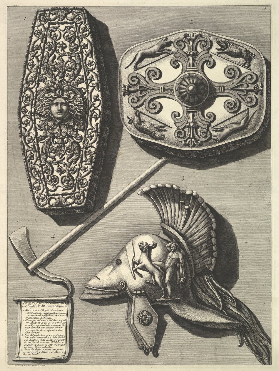 Dele i stort restaureret af Trofei de Ottaviano Augusto Restaureret detalje af Tro ..., ca. 1753. af Francesco Piranesi
