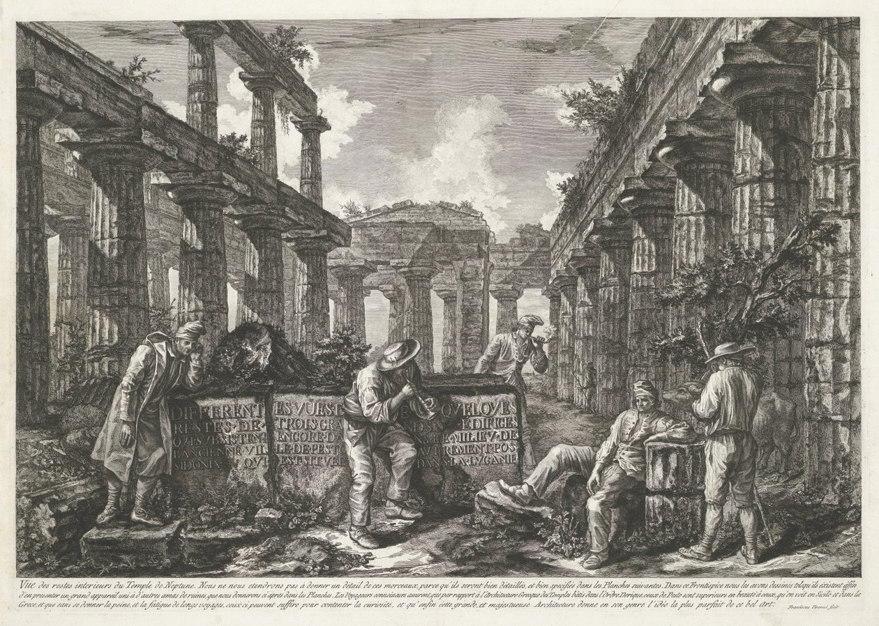 Titeltryk med rester af Neptuntemplet i Paestum med titel på blokke Forskellige visninger af resterne af tre store bygninger, der stadig står ved Paestum (serietitel) Différentes vues de quelques hviler de trois grands édifices qui af Francesco Piranesi