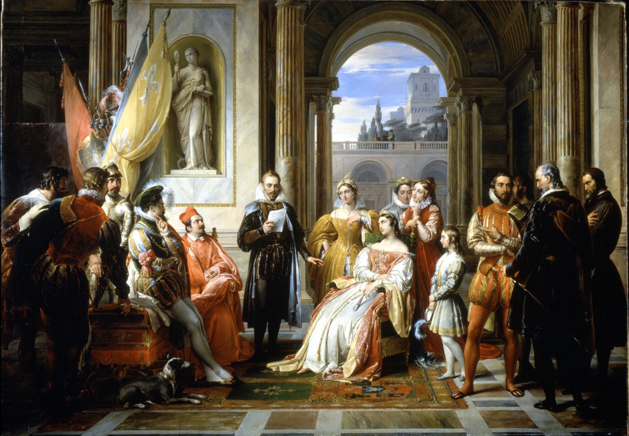 Torquato Tasso (Le Muche) læser sit Jerusalem-delivree (Det befriede Jerusalem) ved hoffet i Ferrara. Maleri af Francesco Podesti (1800-1895) af Francesco Podesti