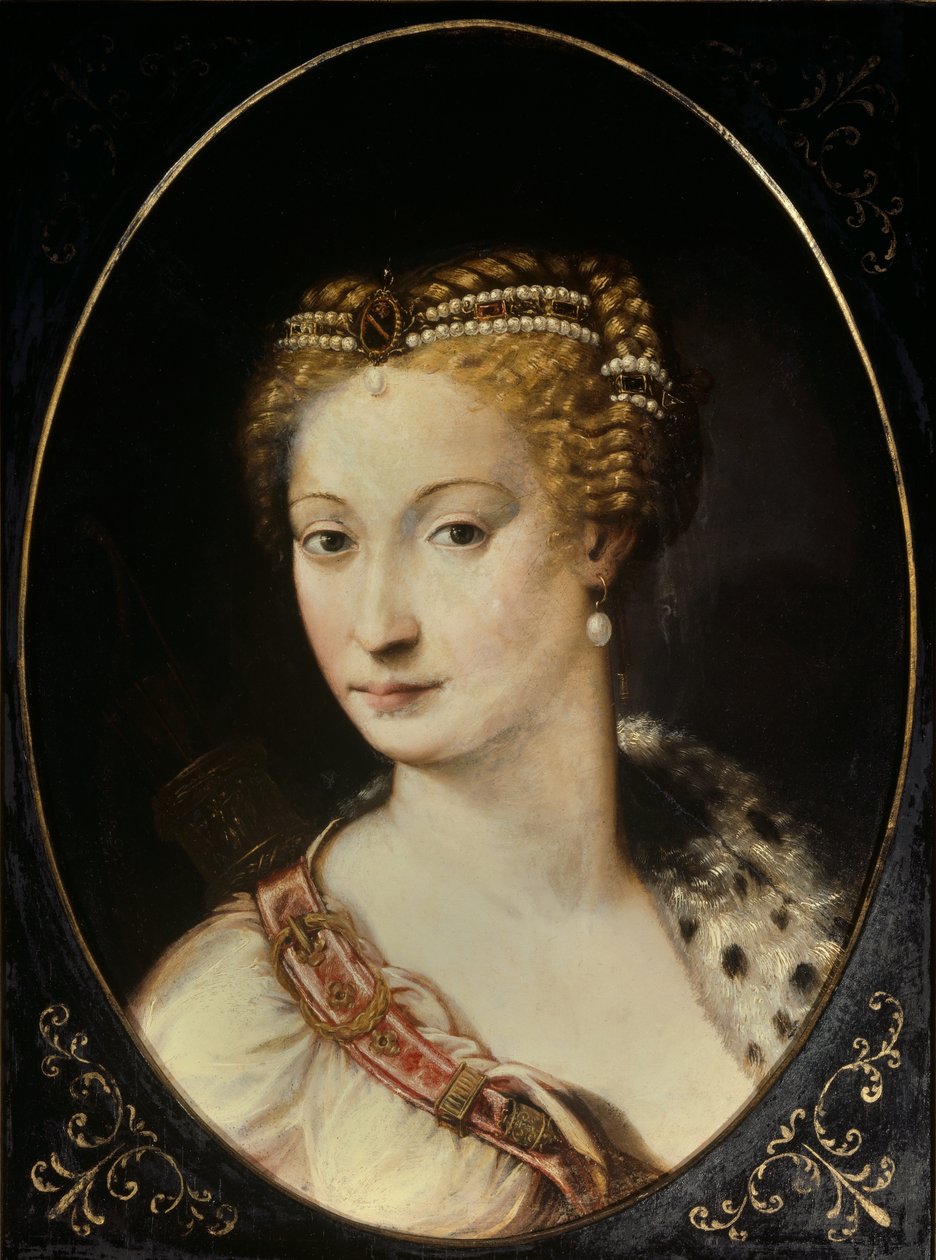 Portræt af Diane de Poitiers (1499 - 1566) Dame af Breze, hertuginde af Valentinois. Maleri af Francesco Primaticcio, kendt som The Primatice (1504 - 1570) af Francesco Primaticcio
