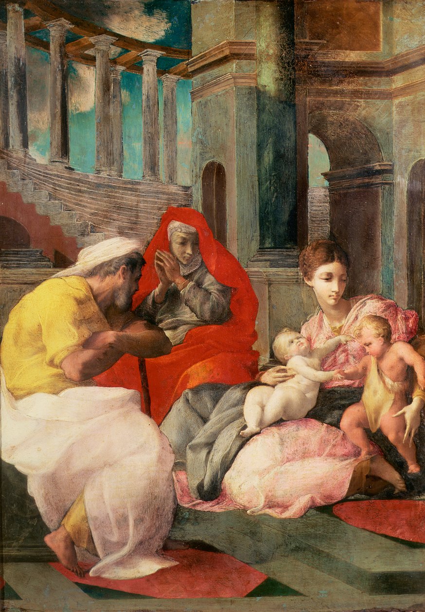Den hellige familie med den hellige Elisabeth og Johannes Døberen, 1541-3 (olie på skifer) af Francesco Primaticcio