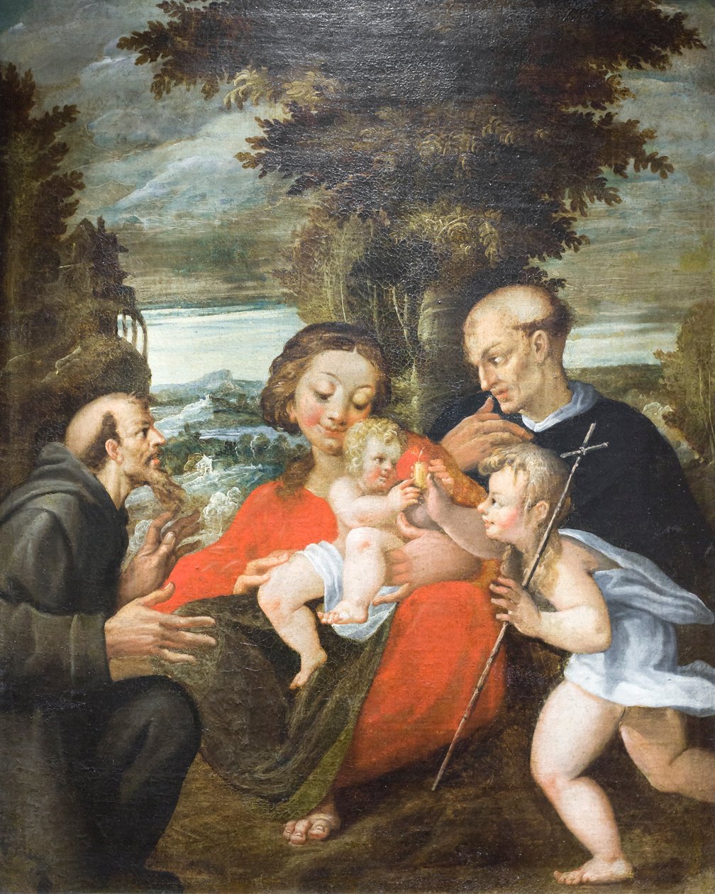 Madonna med barn, Sankt Johannes, Sankt Frans og en benediktinerhelgen (olie på lærred) af Francesco Rondani