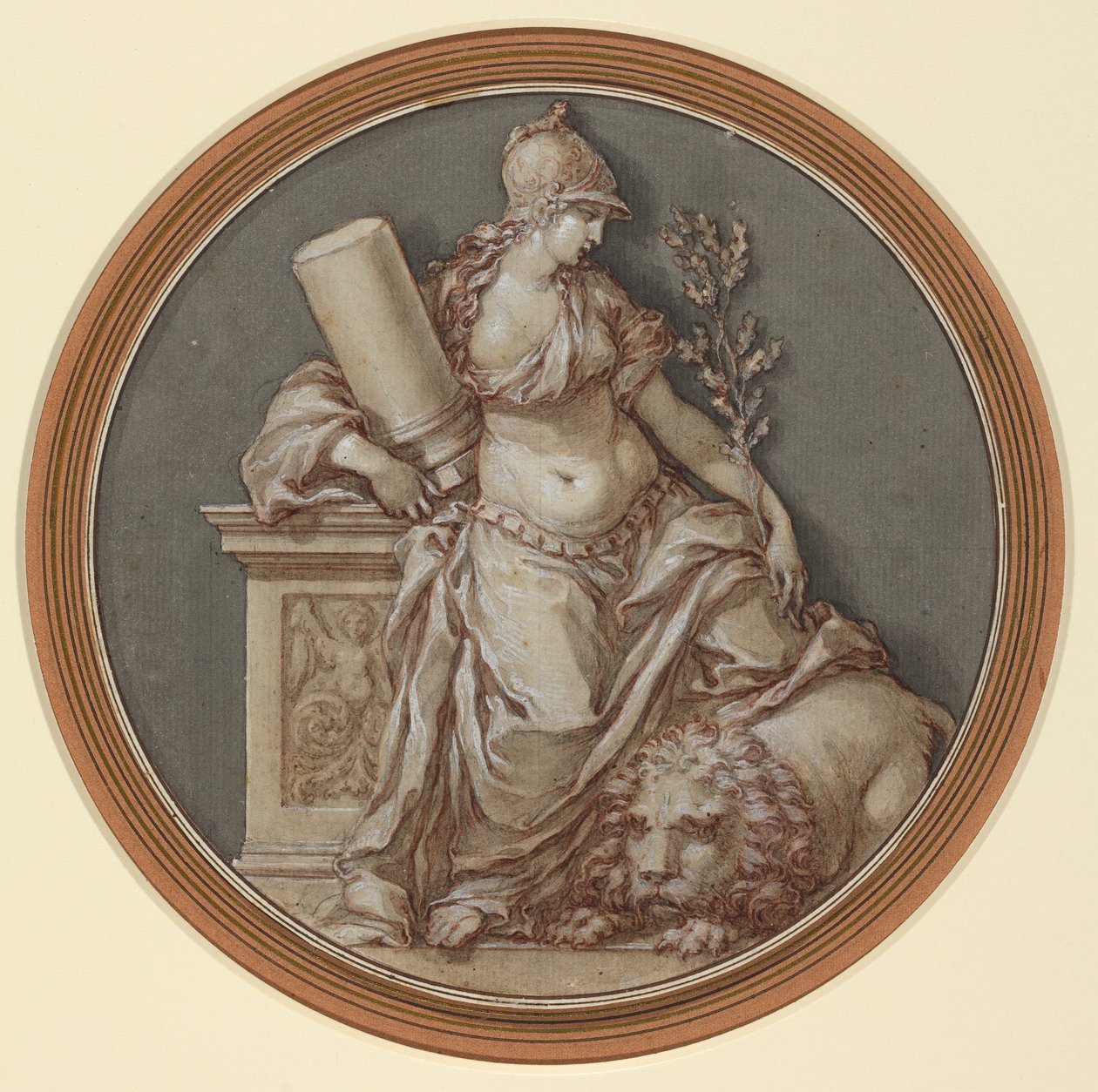 Allegory of Fortitude (pen og brunt blæk med grå og brun lavering, forhøjet med hvid gouache, over sort kridt) af Francesco Rosaspina