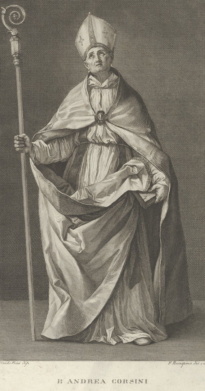 Sankt Andrea Corsini klædt sig ud som biskop af Fiesole, holder en krydser og kigger ..., ca. 1780-1841. af Francesco Rosaspina