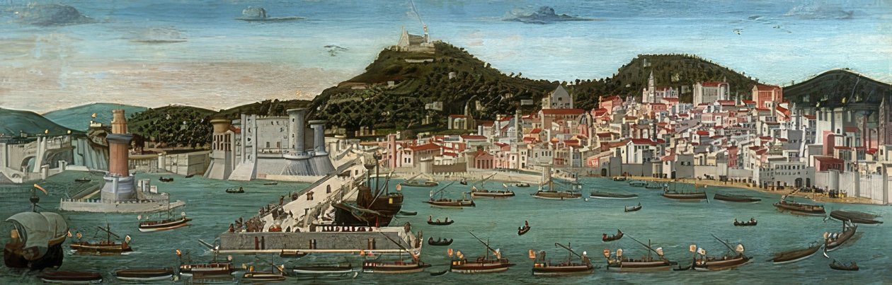 Tavola Strozzi. Udsigt over Napoli anløb den aragonske flåde havnen den 12. juli 1465 af Francesco Rosselli