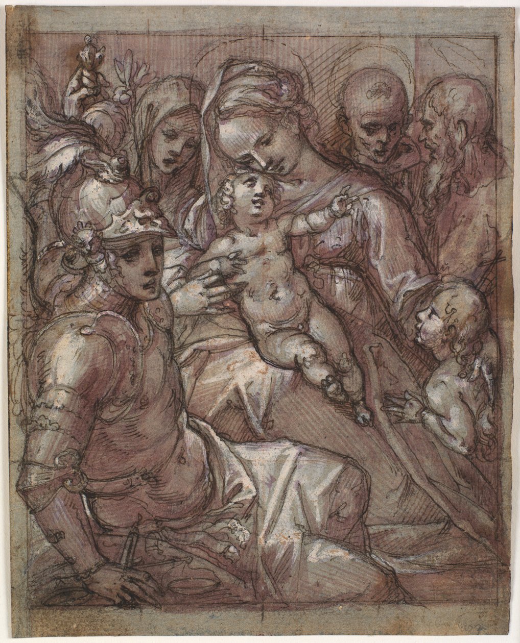 Jomfru Maria og Jesusbarnet med Johannes Døberen som dreng, Bernardino af Siena (?), Kathrine af Siena, ærkeenglen Michael og en skægget helgen af Francesco Rustici