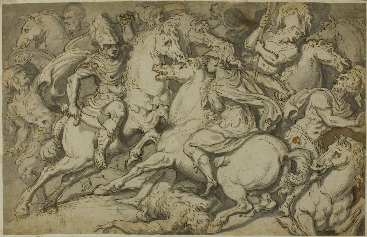 Kavaleri-træfning (recto); Knælende Ecorché (verso) af Francesco Salviati