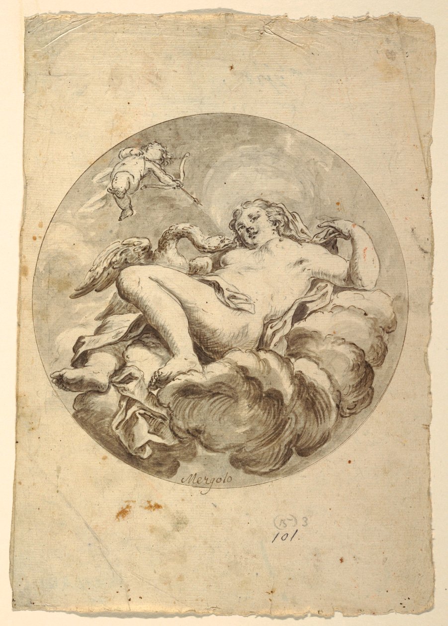 Tegning, projekt til en loftsfresko: Leda og svanen, ca. 1775 af Francesco Saverio Mergolo