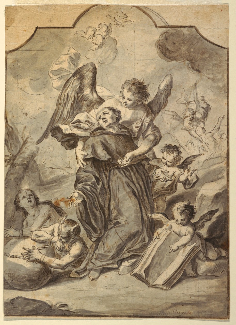 Tegning, Vision af hellig benediktinermunk, 1776 af Francesco Saverio Mergolo