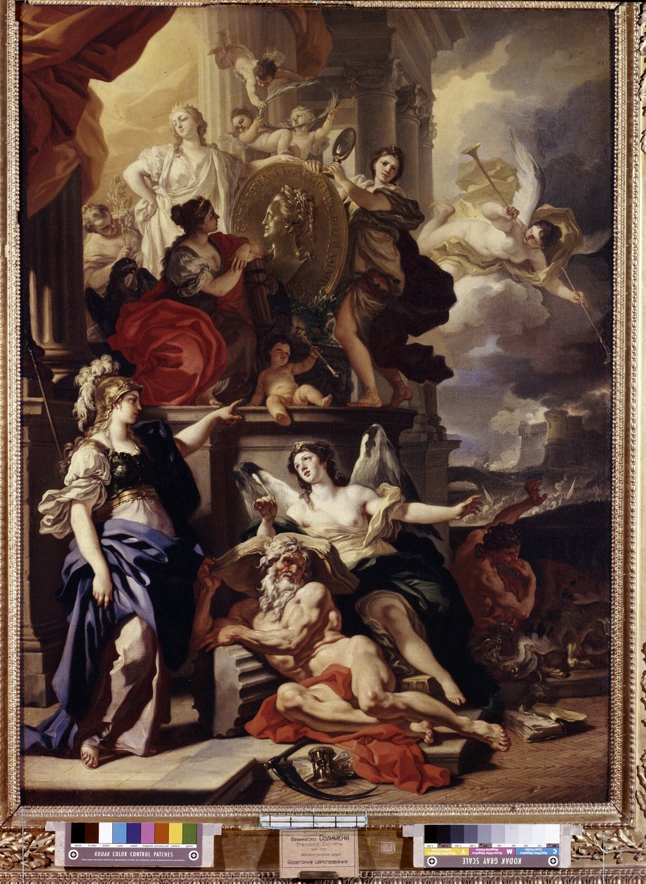 Allegori om regeringstiden. Medaljonen i midten repræsenterer ansigtet på dronning Catherine II af Rusland (1729-1796). Maleri af Francesco Solimena (1657-1747). Olie på lærred af Francesco Solimena
