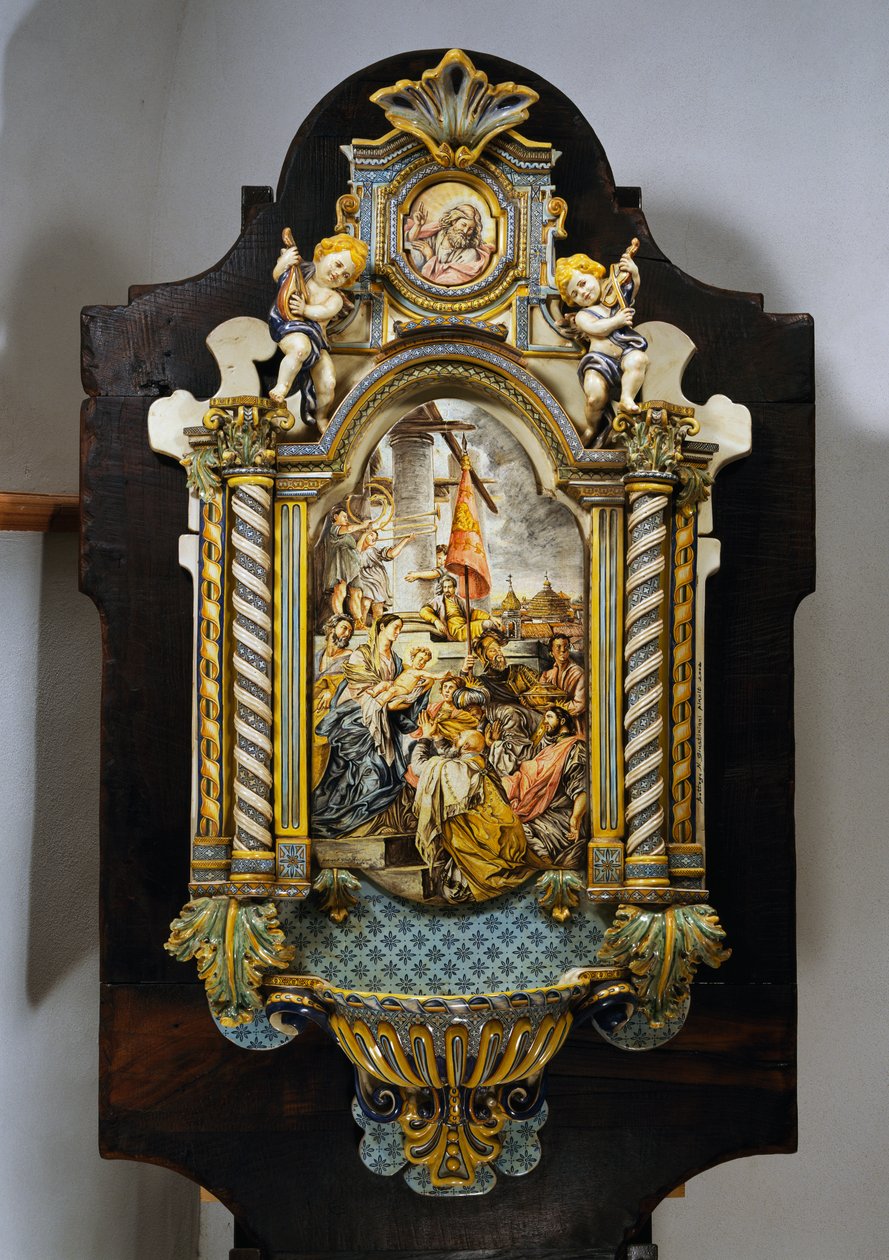 Stor helligvandsfont i malet majolica med central scene fra maleriet Adoration of the Magi af Francesco Solimena (1657-1747), Italien, 20. århundrede af Francesco Solimena