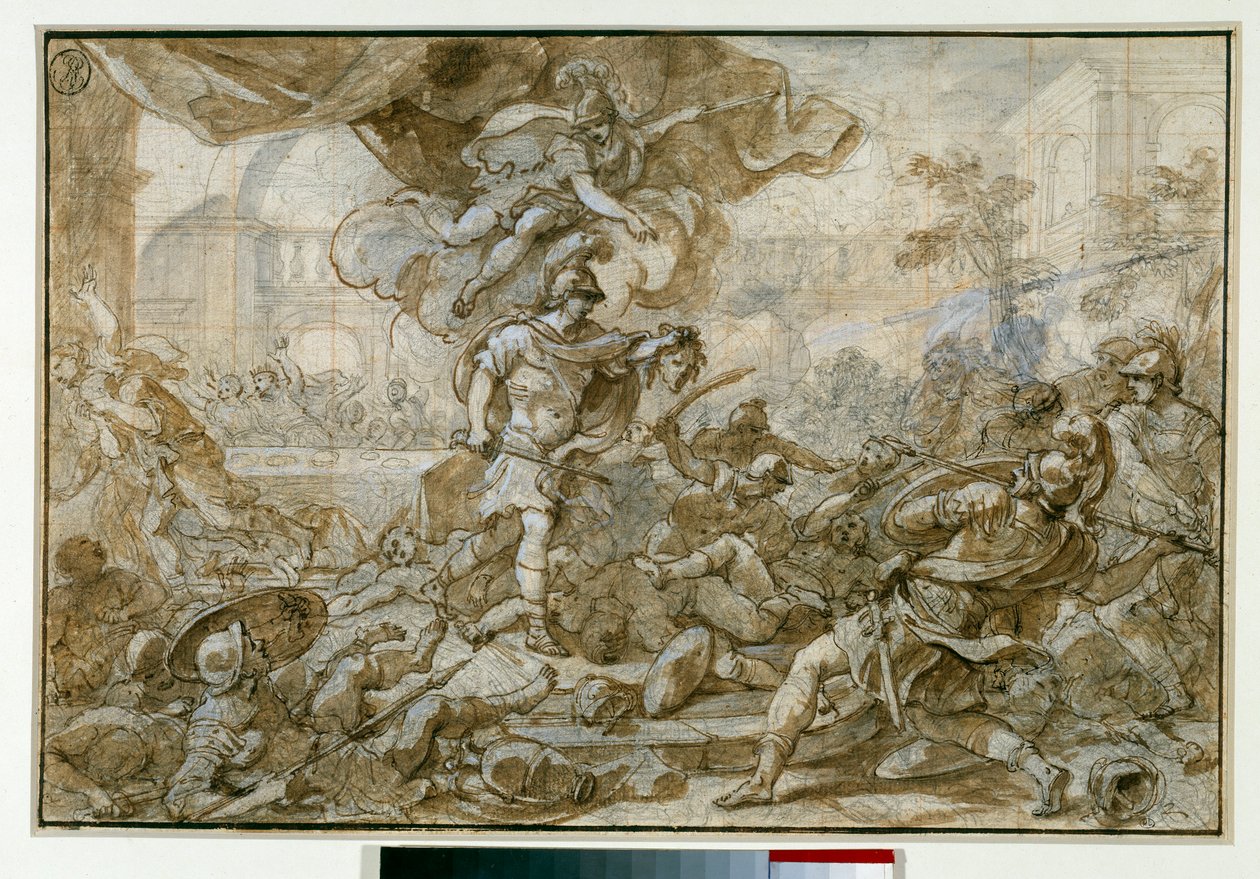 Mythology: “” Persee weapon of the head of the Meduse changes into stone Phinee and his soldiers ”” Drawing by Francesco Solimena dit l "Abbate Ciccio ou l" Abbe Cicciodani af Francesco Solimena