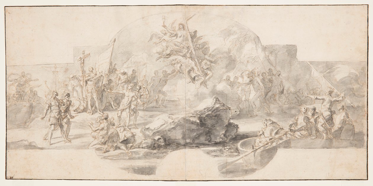 Studie til maleri "The Landing of Columbus in America," Sala del Minor Consiglio, Palazzo Ducale, Genova, Italien af Francesco Solimena