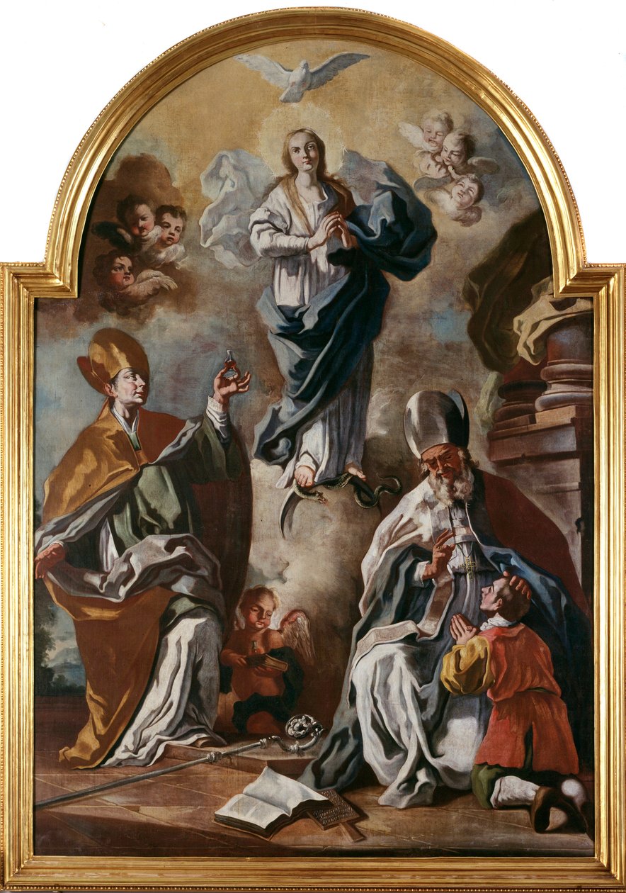 Helligåndens due dukker op over Jomfruen med helgener (olie på lærred af Francesco Solimena