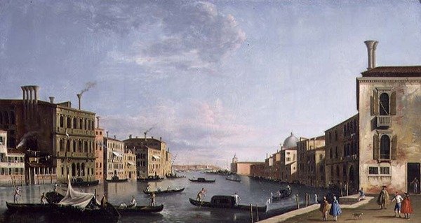 Venedig: Canal Grande ser fra Campo San Vio mod Bacino (olie på lærred) af Francesco Tironi